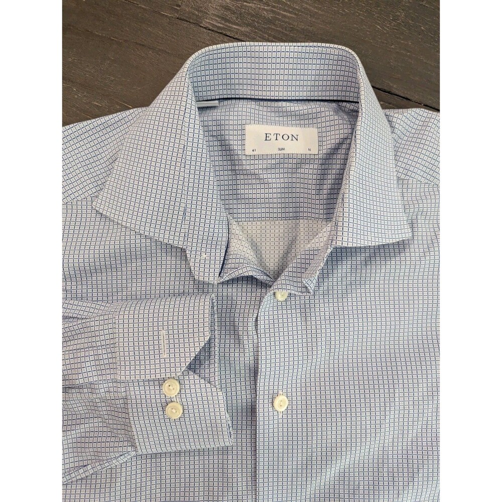 Eton Shirt Mens 41 16 Long Sleeve Button Up Spread Collar Blue White Geometric